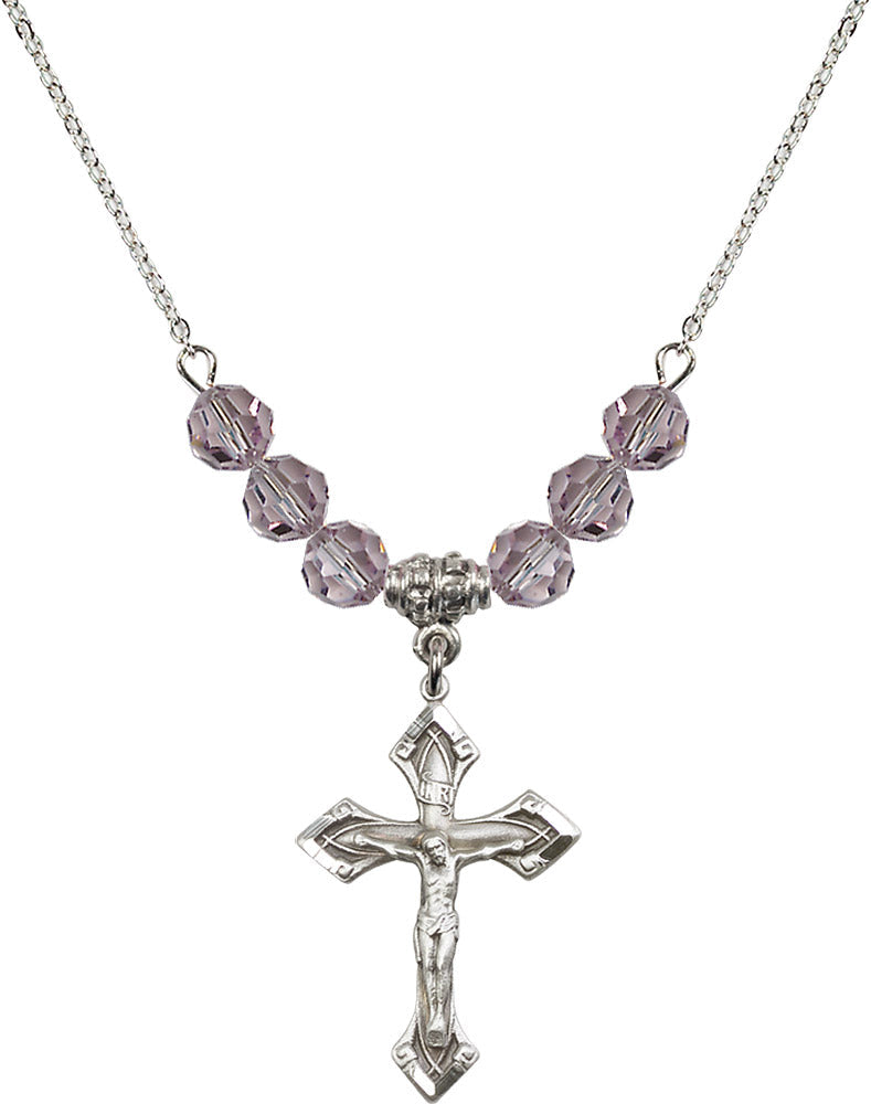 Sterling Silver Crucifix Birthstone Necklace with Light Amethyst Beads - 0663