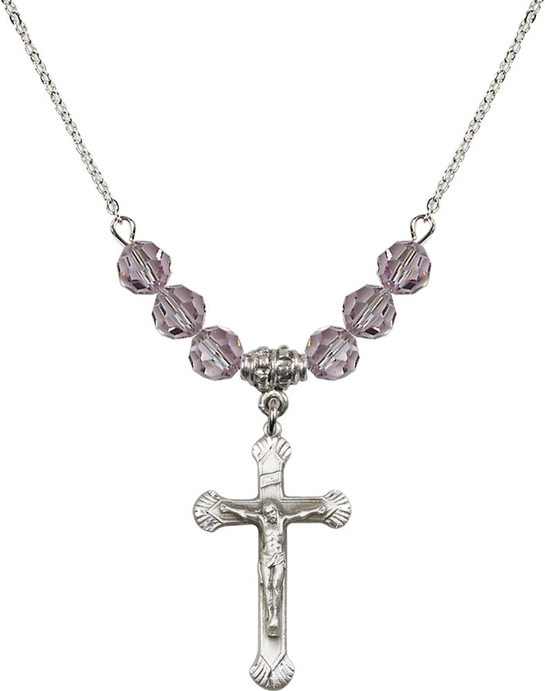 Sterling Silver Crucifix Birthstone Necklace with Light Amethyst Beads - 0664