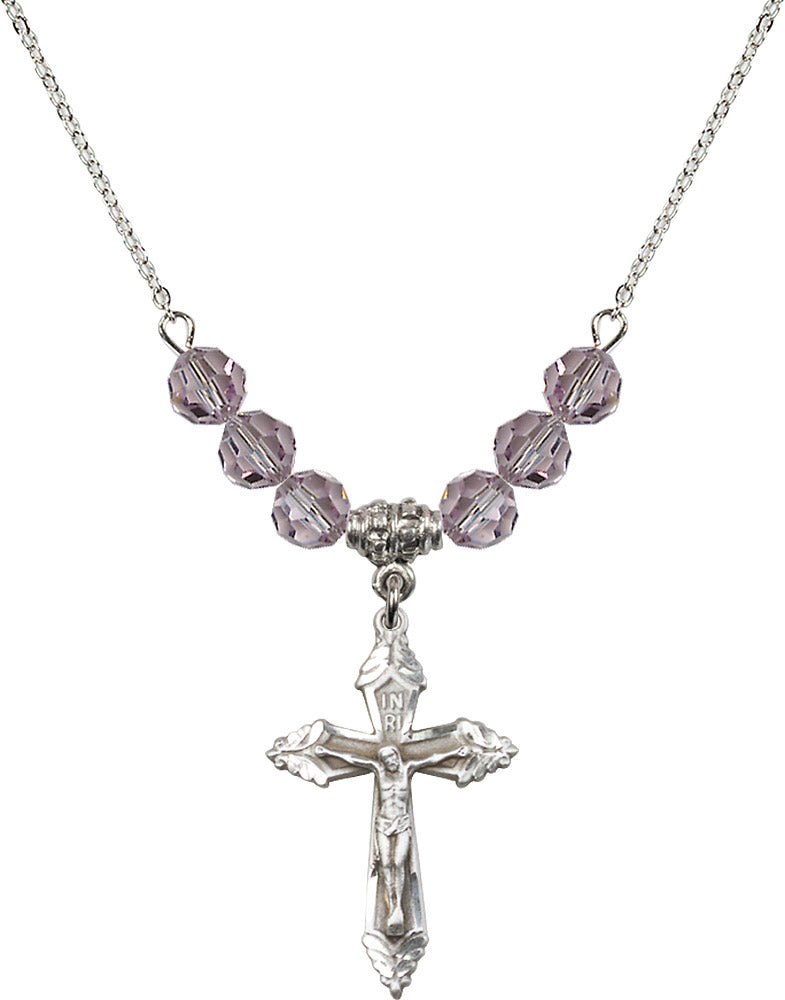 Sterling Silver Crucifix Birthstone Necklace with Light Amethyst Beads - 0665