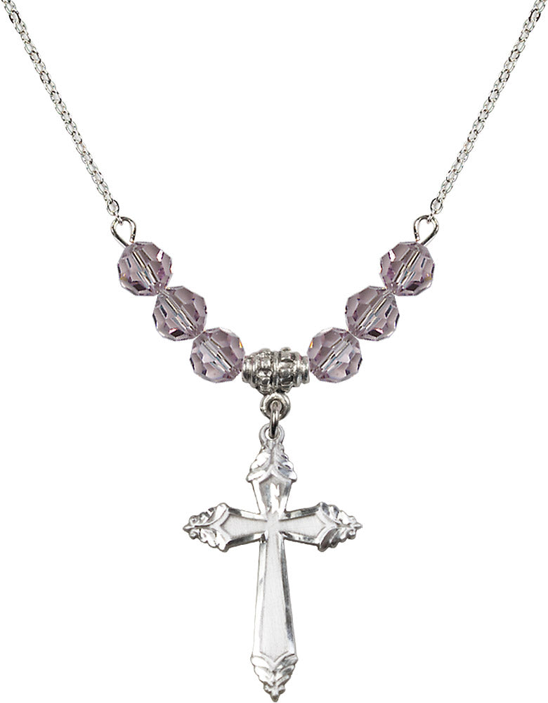Sterling Silver Cross Birthstone Necklace with Light Amethyst Beads - 0665