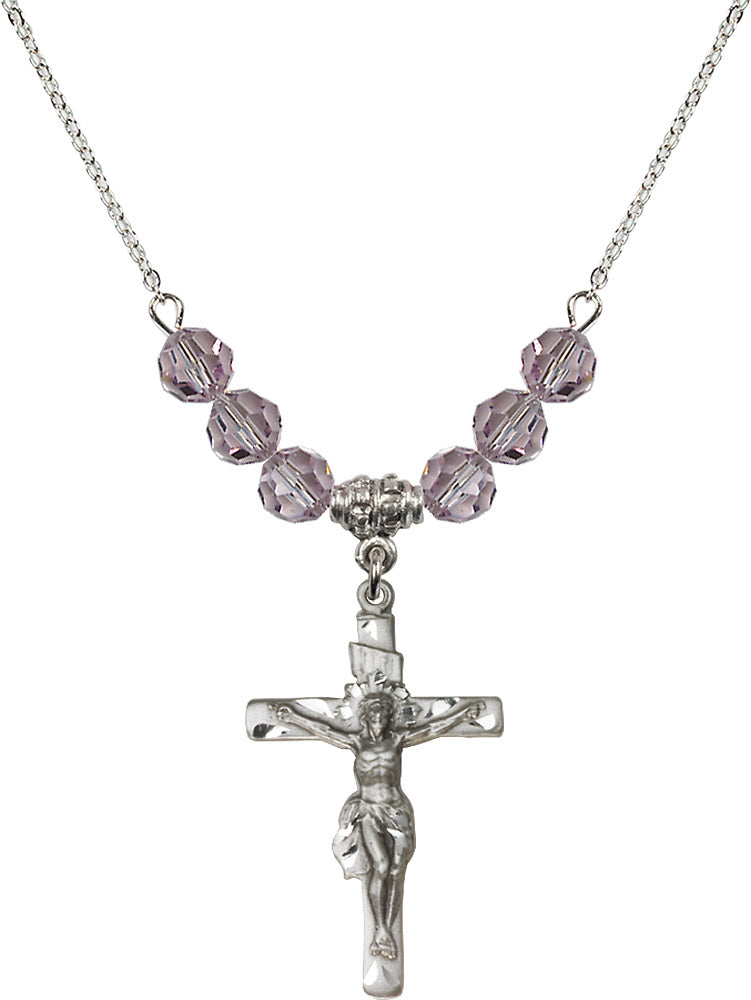 Sterling Silver Crucifix Birthstone Necklace with Light Amethyst Beads - 0668