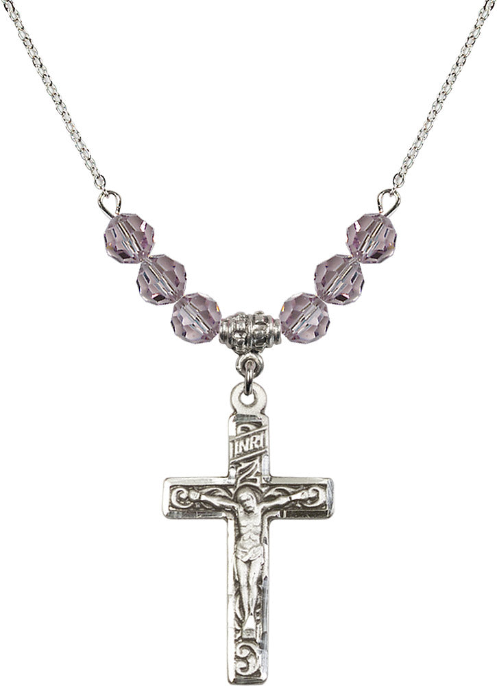 Sterling Silver Crucifix Birthstone Necklace with Light Amethyst Beads - 0674