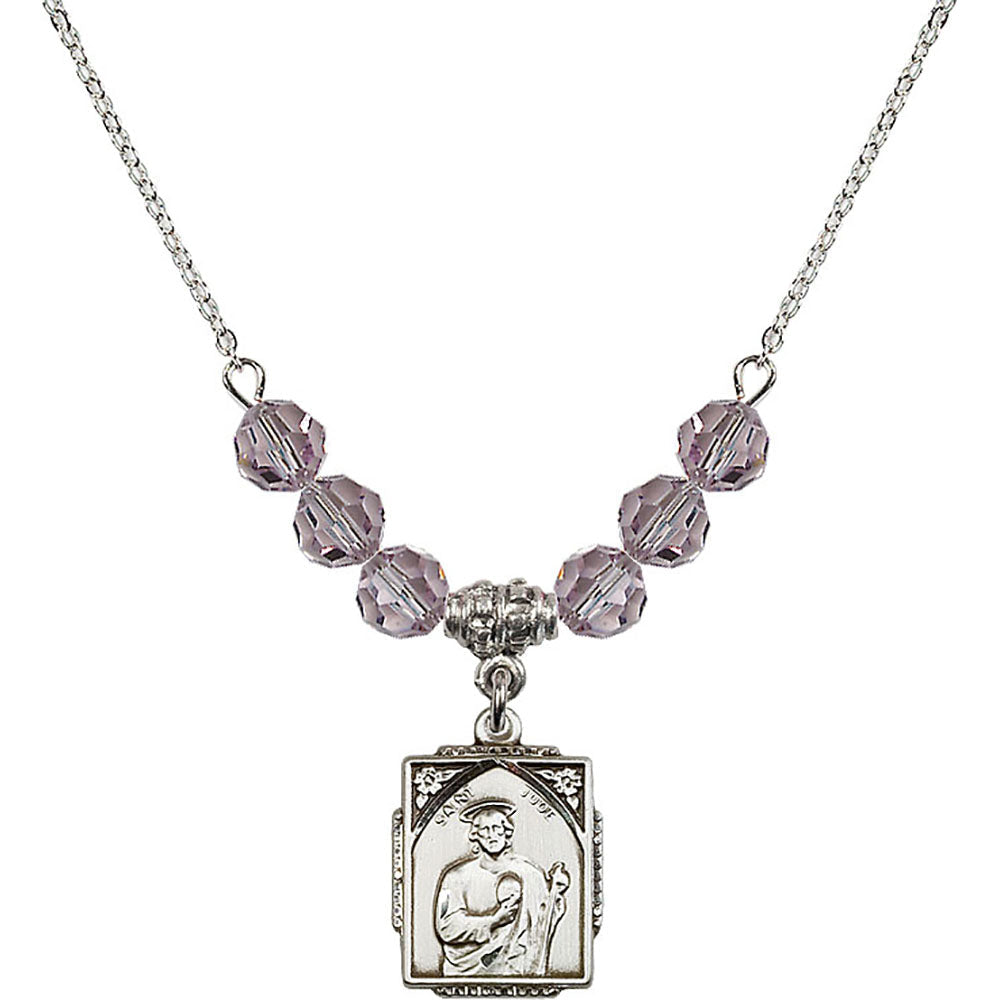 Sterling Silver Saint Jude Birthstone Necklace with Light Amethyst Beads - 0804