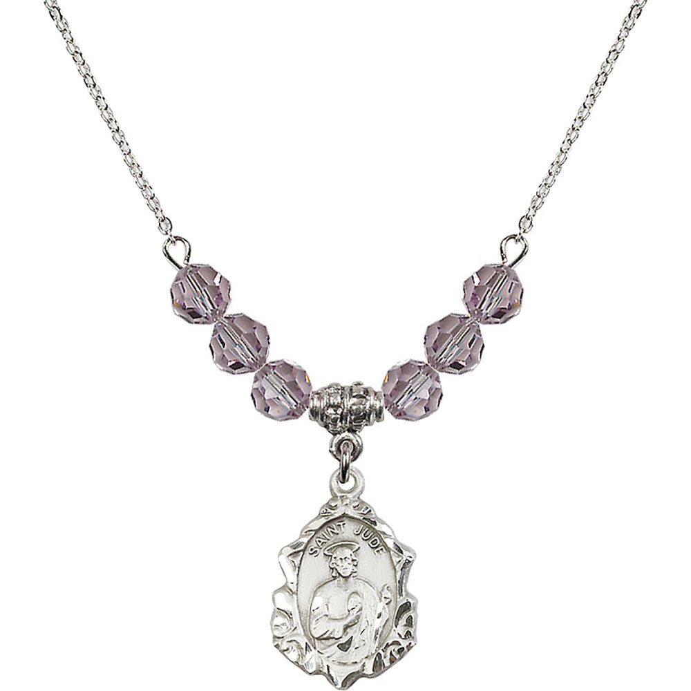Sterling Silver Saint Jude Birthstone Necklace with Light Amethyst Beads - 0822