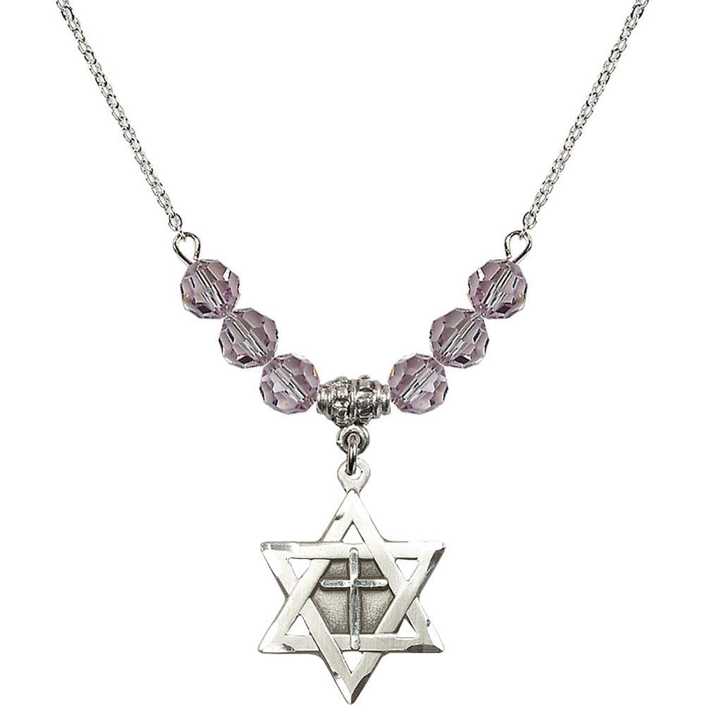 Sterling Silver Star of David w/ Cross Birthstone Necklace with Light Amethyst Beads - 1210