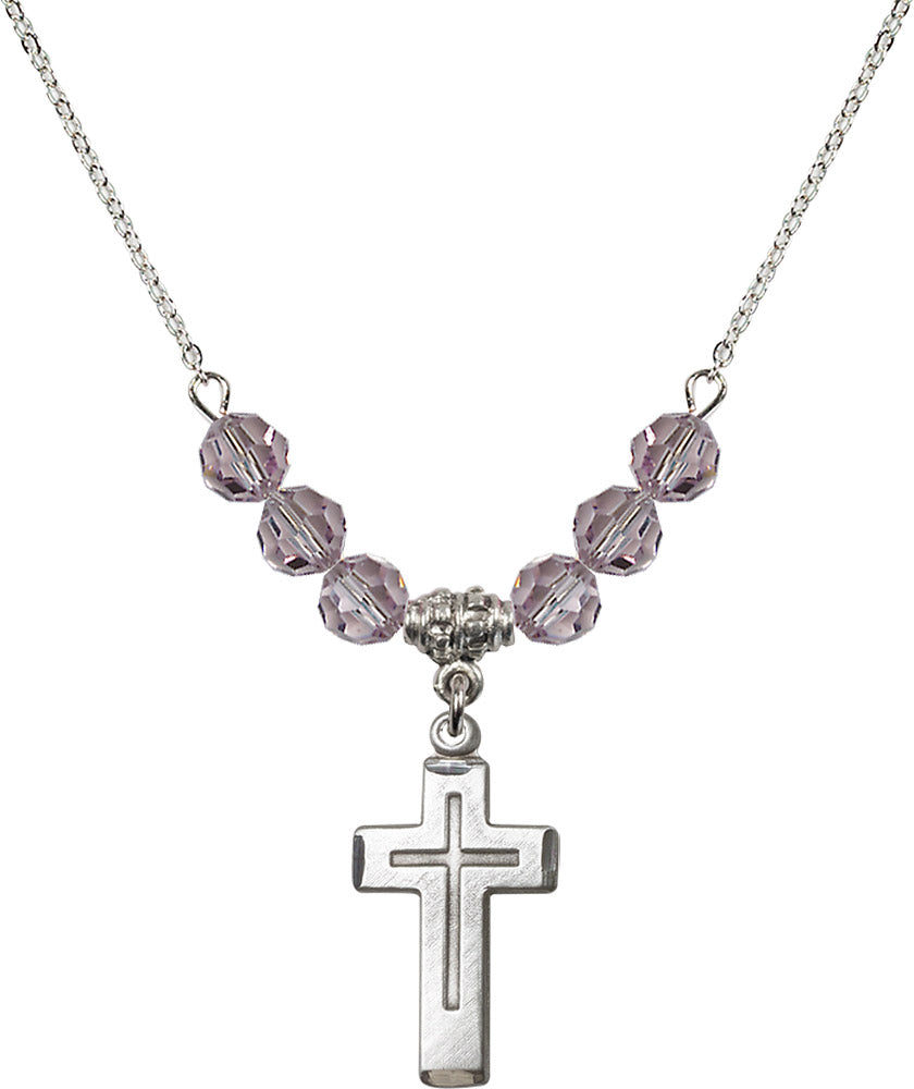 Sterling Silver Cross Birthstone Necklace with Light Amethyst Beads - 1529