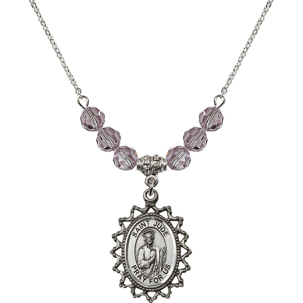 Sterling Silver Saint Jude Birthstone Necklace with Light Amethyst Beads - 1619