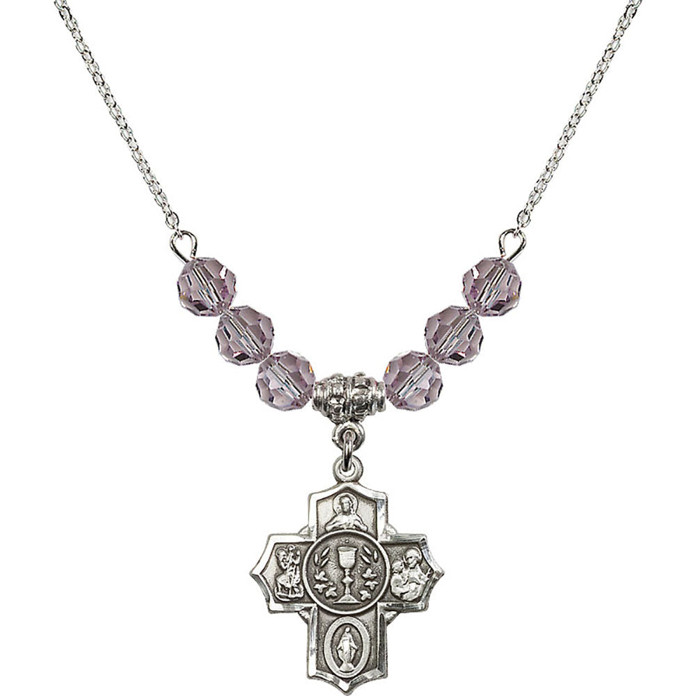 Sterling Silver Communion/5-Way Birthstone Necklace with Light Amethyst Beads - 2004
