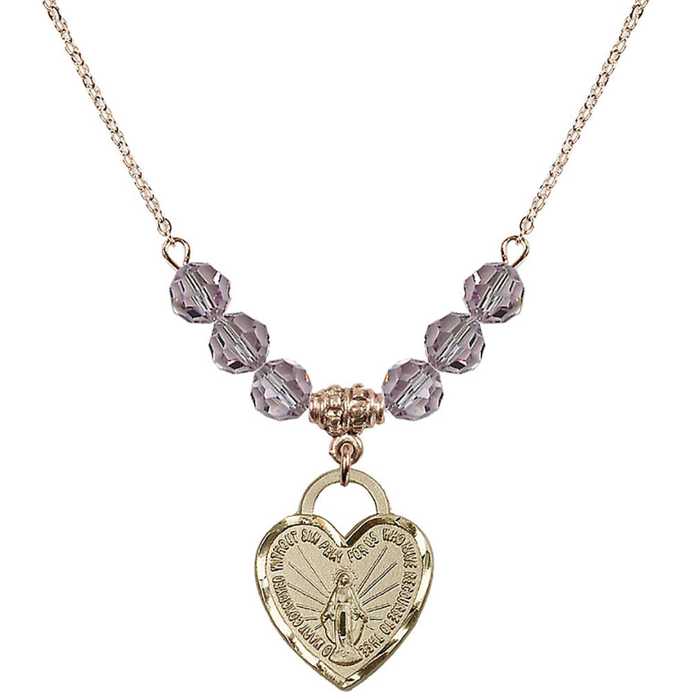 14kt Gold Filled Miraculous Heart Birthstone Necklace with Light Amethyst Beads - 3201