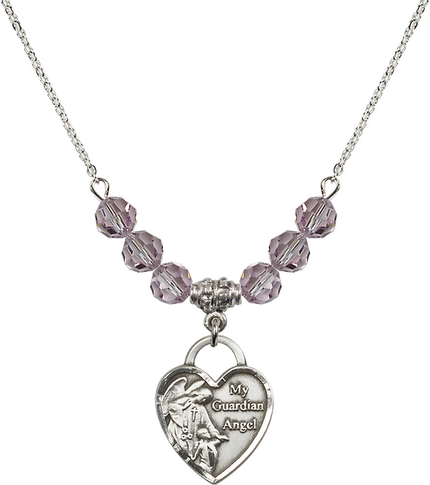 Sterling Silver Guardian Angel Heart Birthstone Necklace with Light Amethyst Beads - 3202