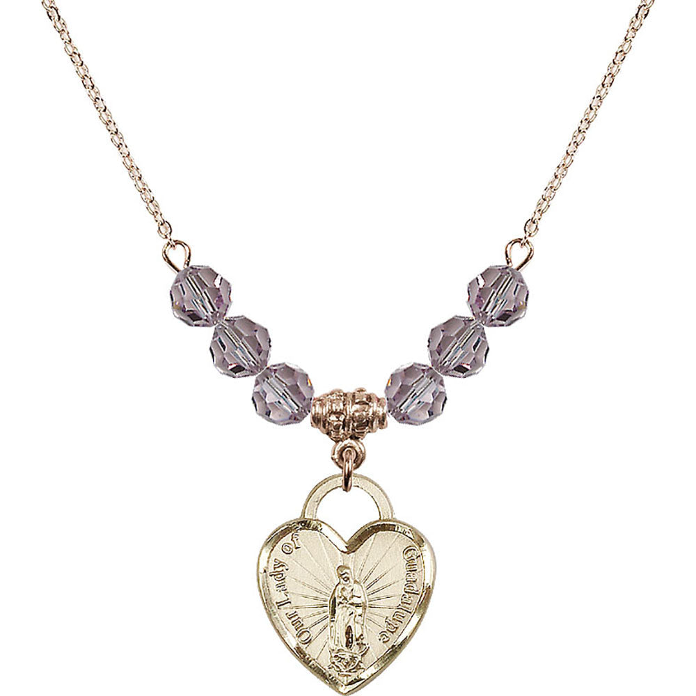 14kt Gold Filled Our Lady of Guadalupe Heart / Recuerdo Birthstone Necklace with Light Amethyst Beads - 3209