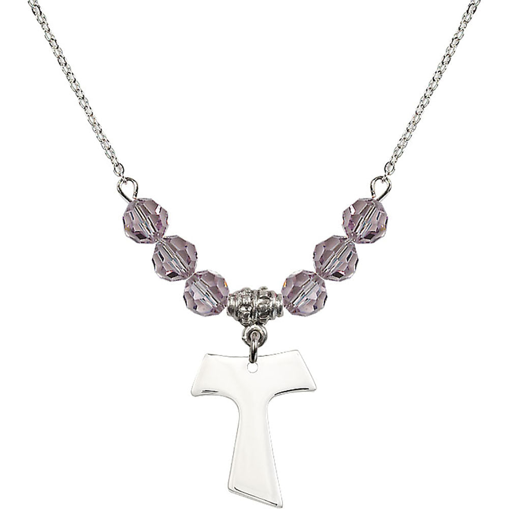 Sterling Silver Tau Cross Birthstone Necklace with Light Amethyst Beads - 3948