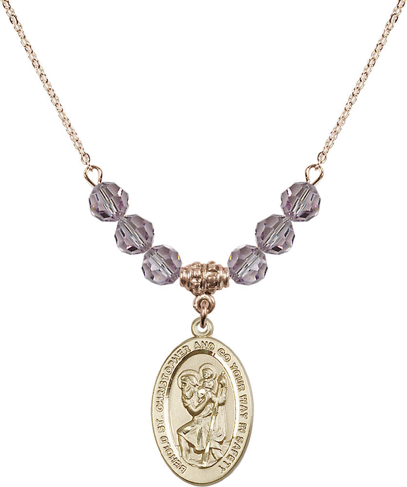 14kt Gold Filled Saint Christopher Birthstone Necklace with Light Amethyst Beads - 4123