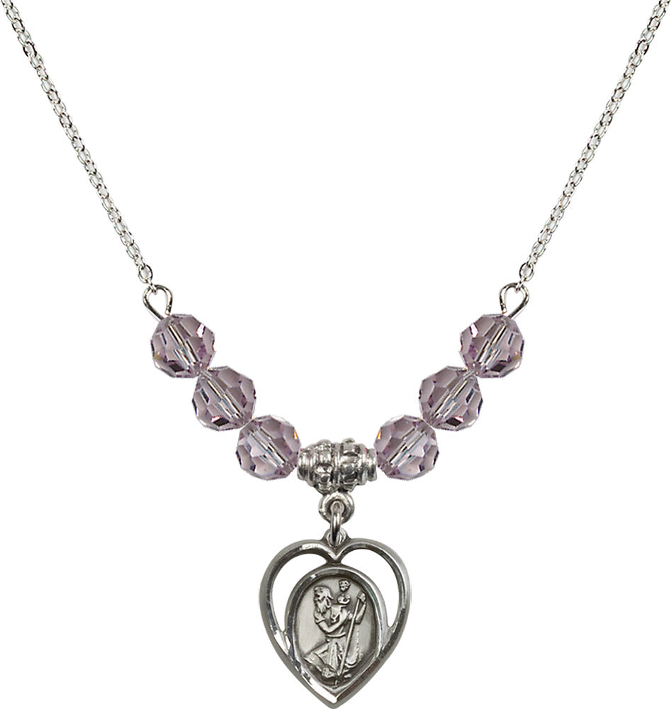 Sterling Silver Saint Christopher Birthstone Necklace with Light Amethyst Beads - 4127