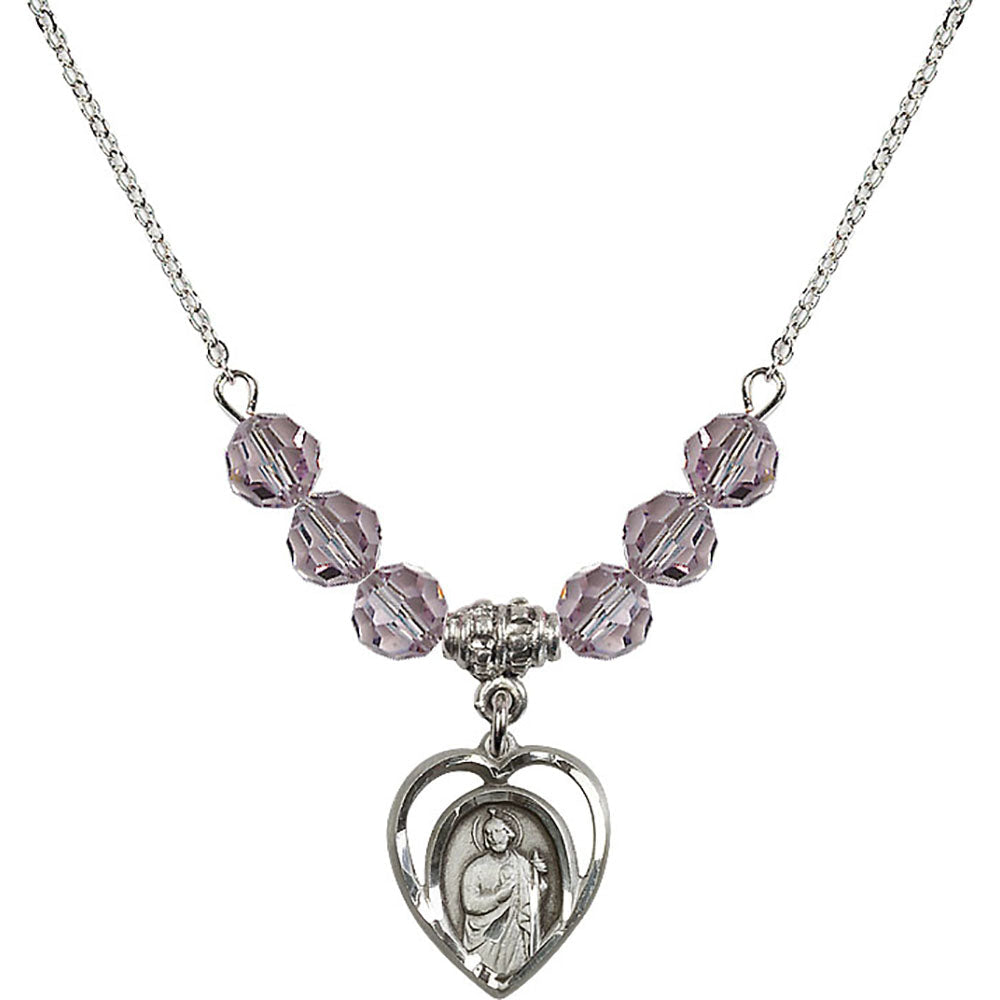 Sterling Silver Saint Jude Birthstone Necklace with Light Amethyst Beads - 4128