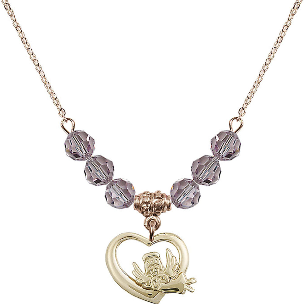 14kt Gold Filled Heart / Guardian Angel Birthstone Necklace with Light Amethyst Beads - 4206