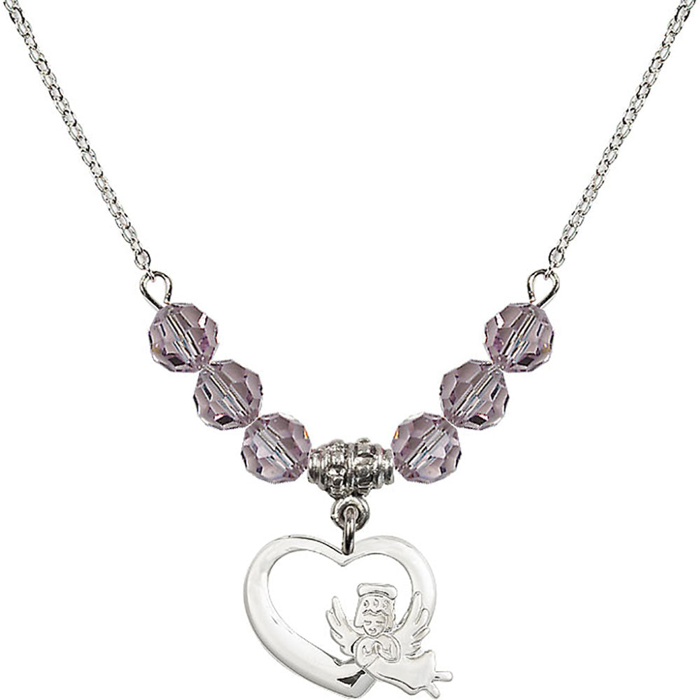 Sterling Silver Heart / Guardian Angel Birthstone Necklace with Light Amethyst Beads - 4206