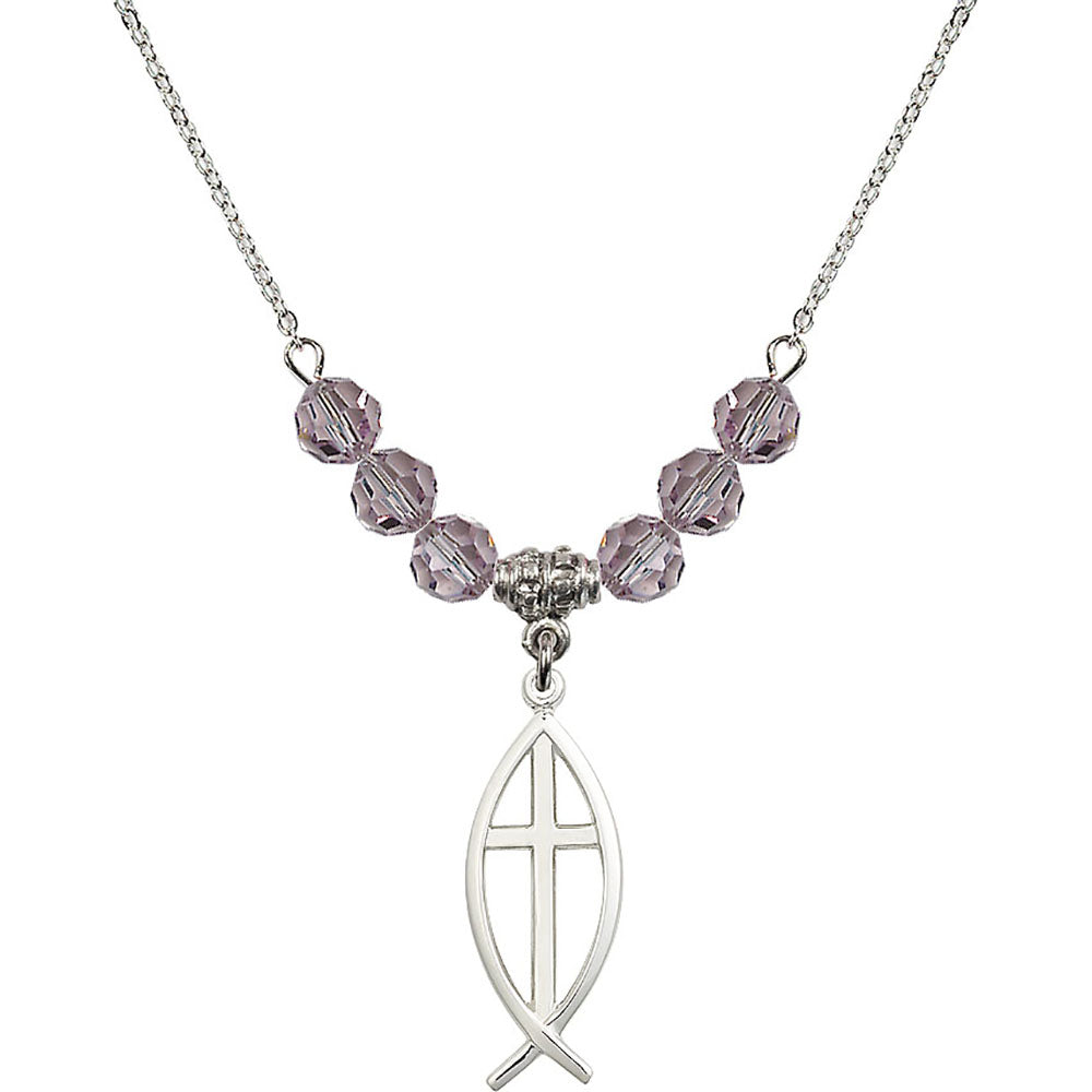 Sterling Silver Fish / Cross Birthstone Necklace with Light Amethyst Beads - 4252