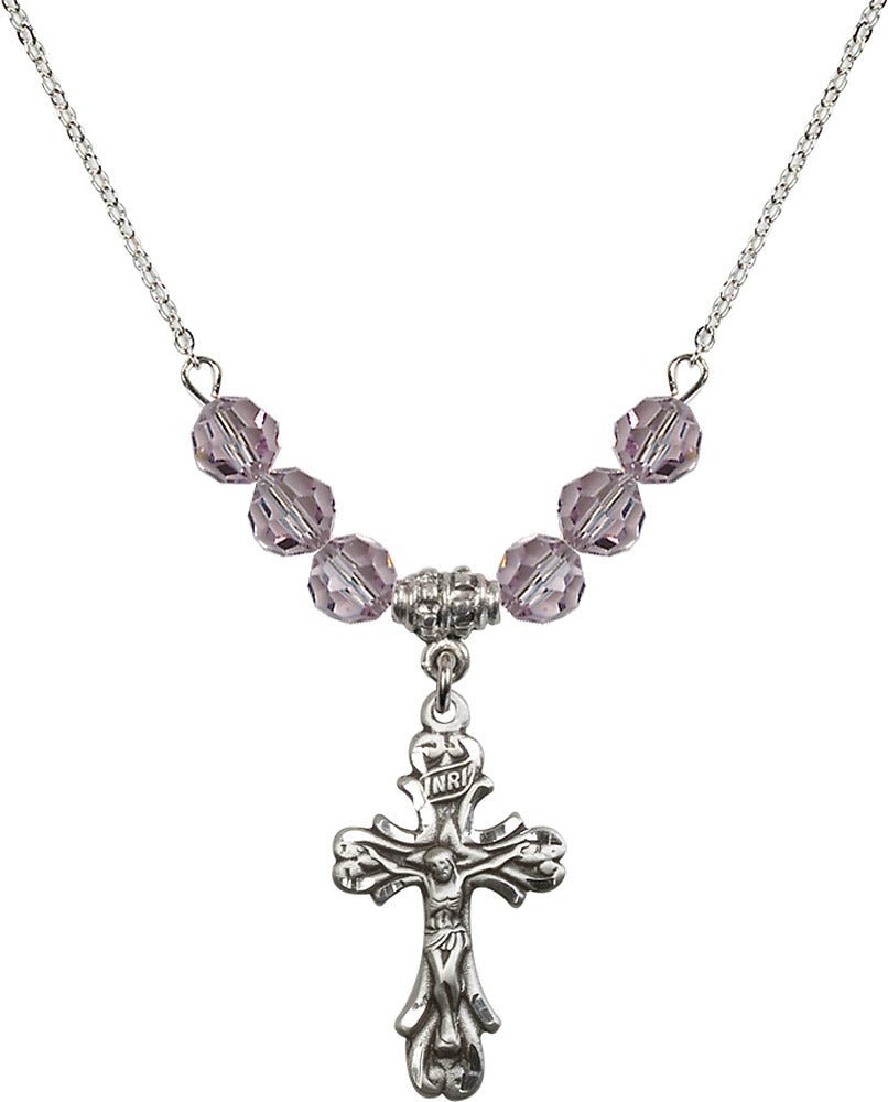 Sterling Silver Crucifix Birthstone Necklace with Light Amethyst Beads - 5421