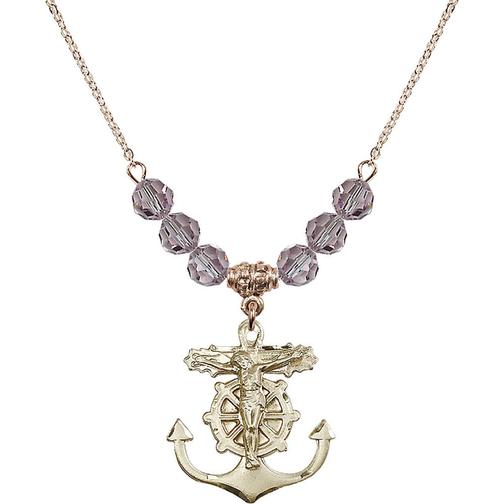 14kt Gold Filled Anchor Crucifix Birthstone Necklace with Light Amethyst Beads - 5685