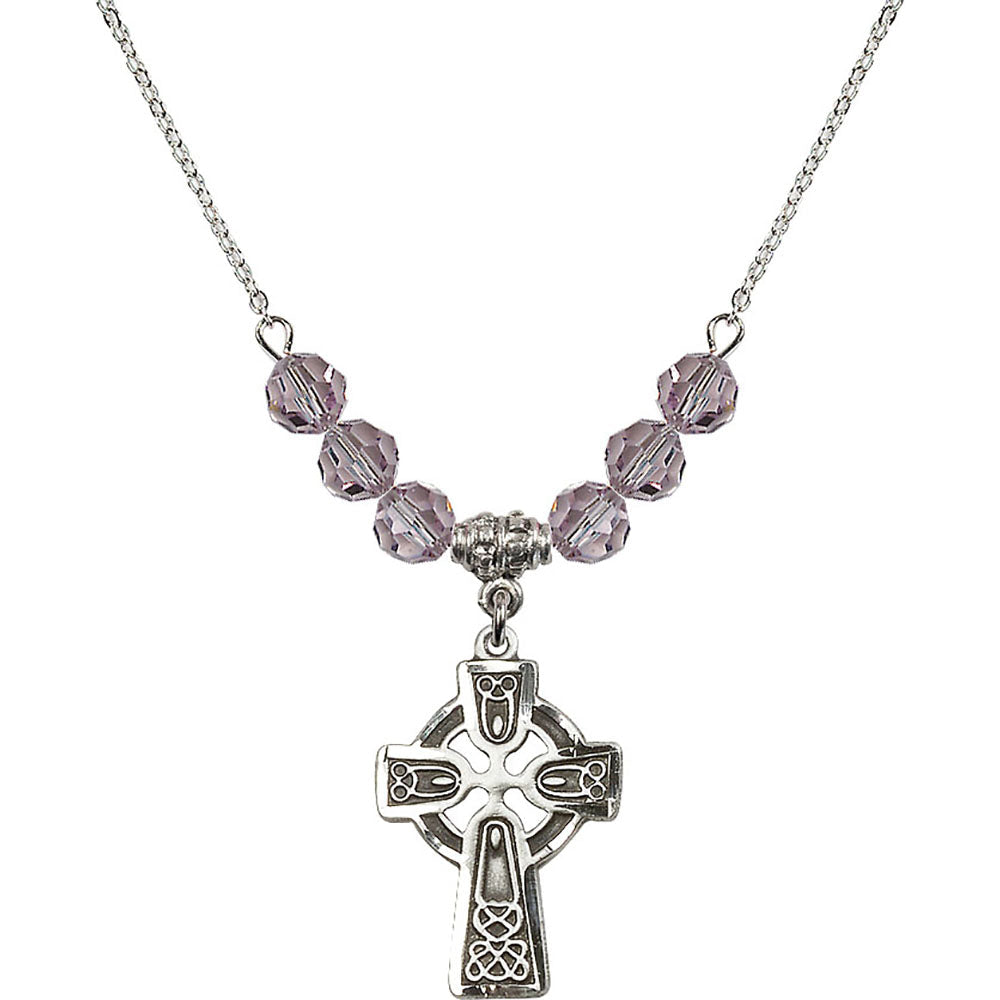 Sterling Silver Celtic Cross Birthstone Necklace with Light Amethyst Beads - 5689