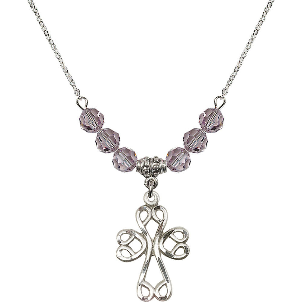 Sterling Silver Scroll Cross Birthstone Necklace with Light Amethyst Beads - 5998