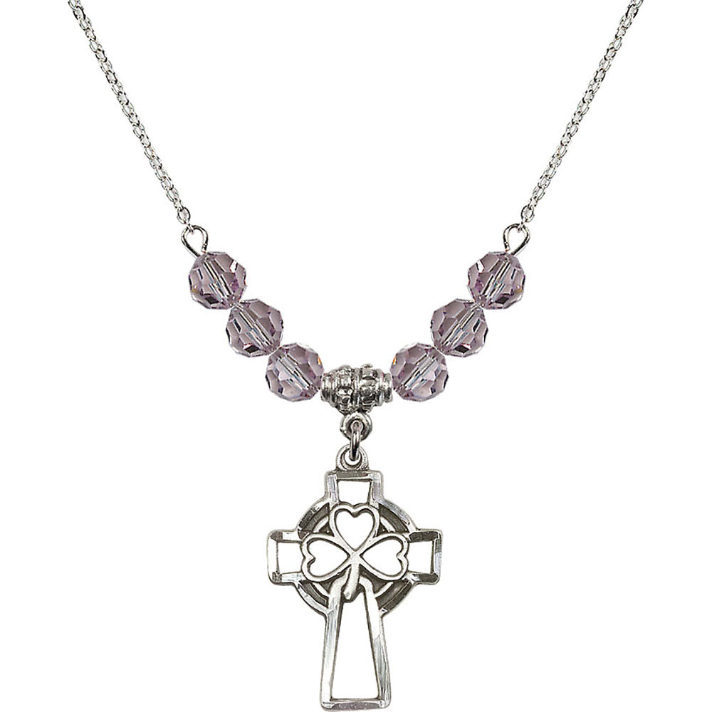 Sterling Silver Shamrock Cross Birthstone Necklace with Light Amethyst Beads - 5999