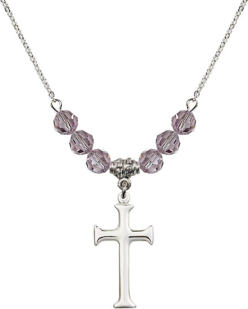 Sterling Silver Cross Birthstone Necklace with Light Amethyst Beads - 6008