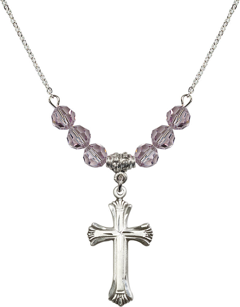 Sterling Silver Cross Birthstone Necklace with Light Amethyst Beads - 6013