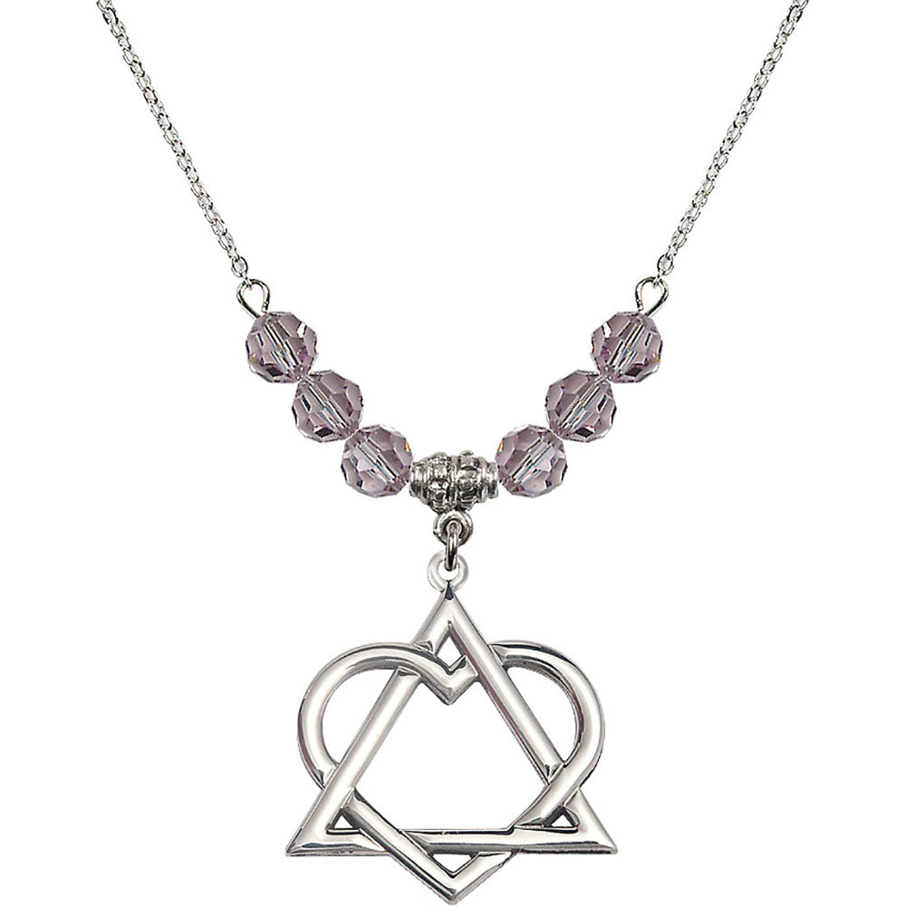 Sterling Silver Adoption Heart Birthstone Necklace with Light Amethyst Beads - 6210