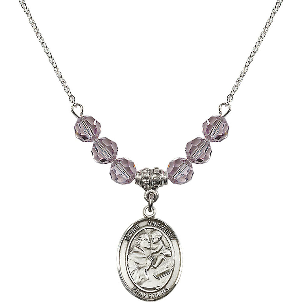 Sterling Silver Saint Anthony of Padua Birthstone Necklace with Light Amethyst Beads - 8004