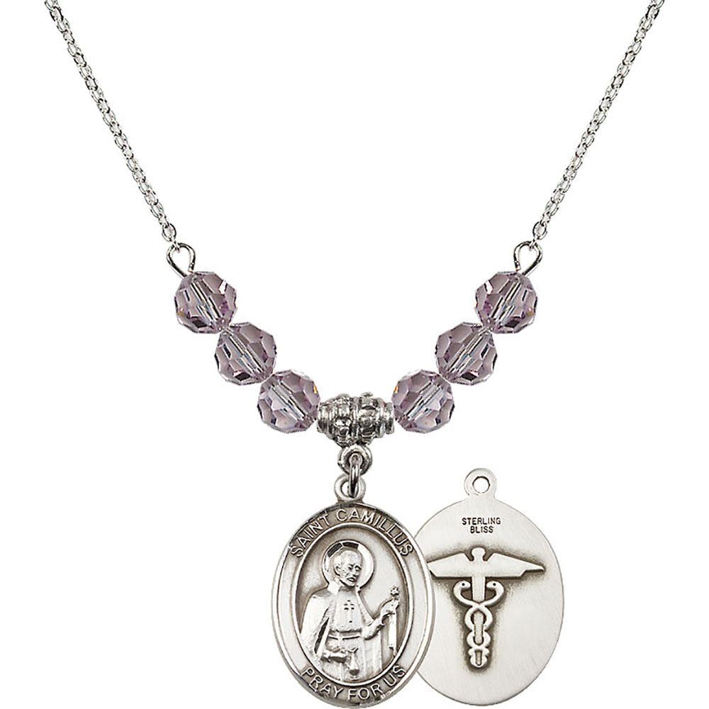 Sterling Silver Saint Camillus of Lellis / Nurse Birthstone Necklace with Light Amethyst Beads - 8019