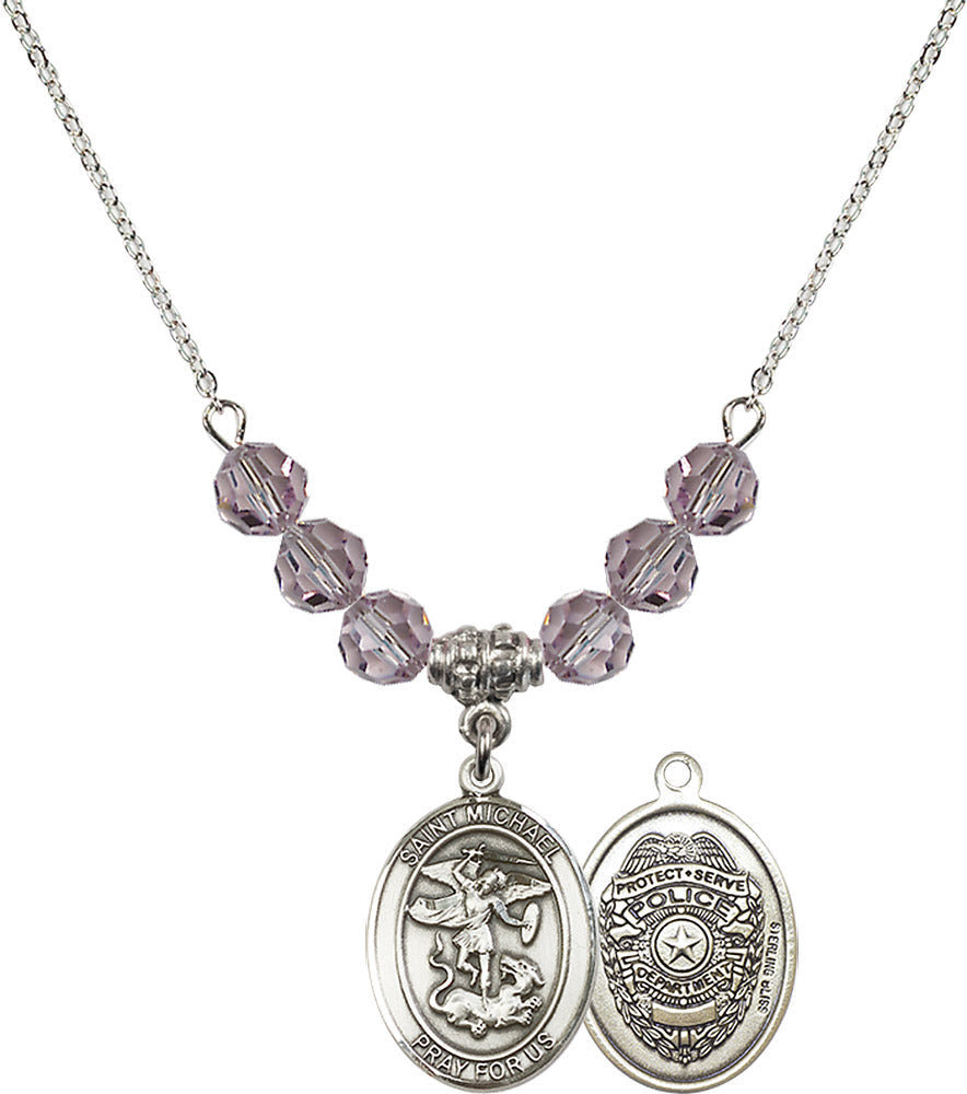 Sterling Silver Saint Michael / Policeman Birthstone Necklace with Light Amethyst Beads - 8076