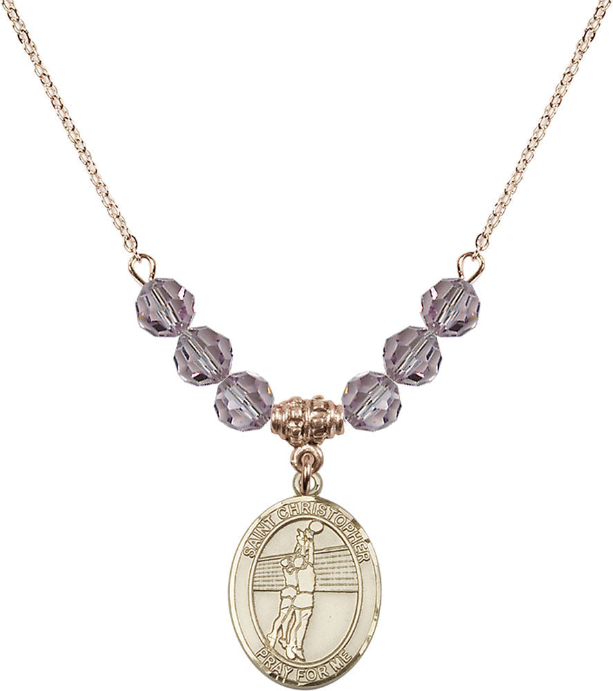14kt Gold Filled Saint Christopher/Volleyball Birthstone Necklace with Light Amethyst Beads - 8138