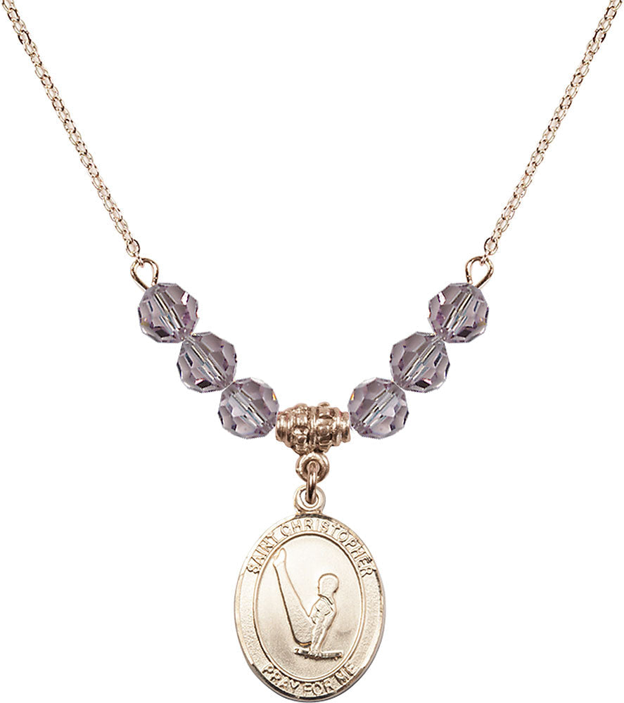 14kt Gold Filled Saint Christopher/Gymnastics Birthstone Necklace with Light Amethyst Beads - 8142