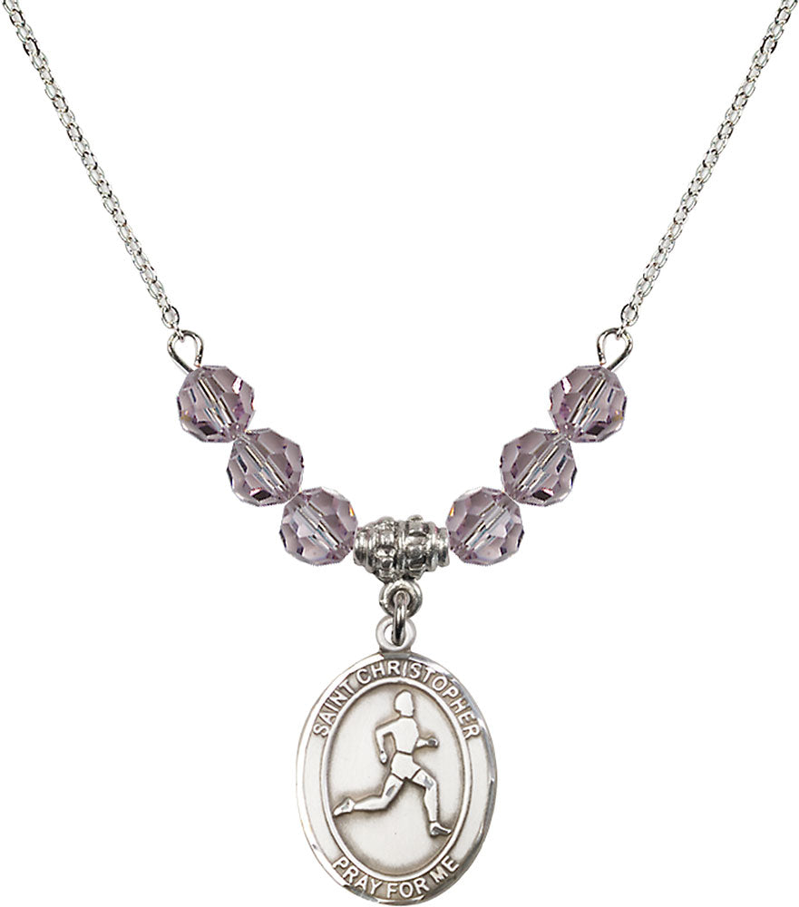 Sterling Silver Saint Christopher/Track & Field Birthstone Necklace with Light Amethyst Beads - 8149