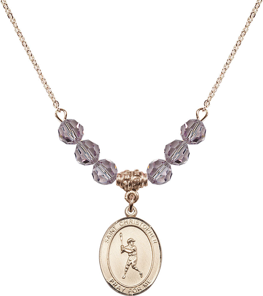 14kt Gold Filled Saint Christopher/Baseball Birthstone Necklace with Light Amethyst Beads - 8150