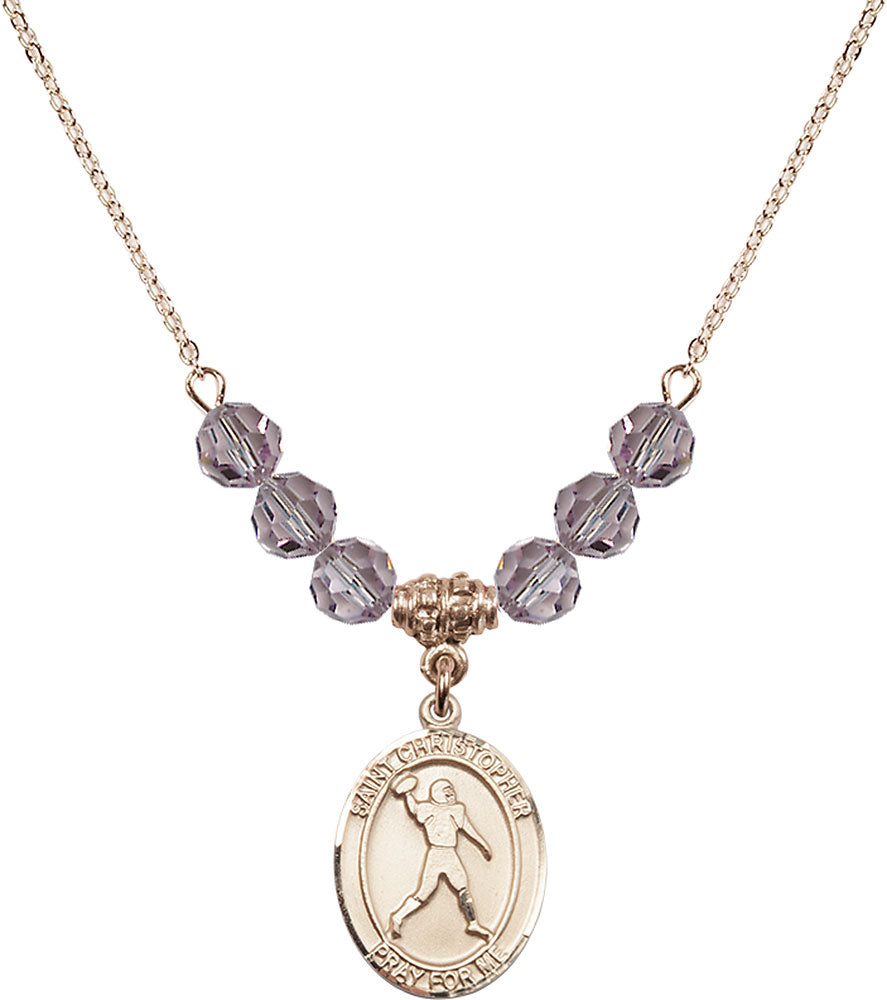 14kt Gold Filled Saint Christopher/Football Birthstone Necklace with Light Amethyst Beads - 8151