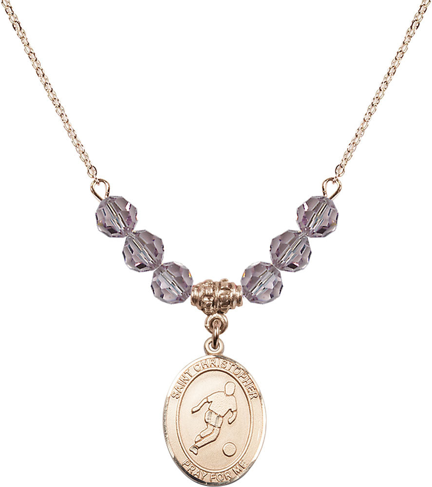 14kt Gold Filled Saint Christopher/Soccer Birthstone Necklace with Light Amethyst Beads - 8154
