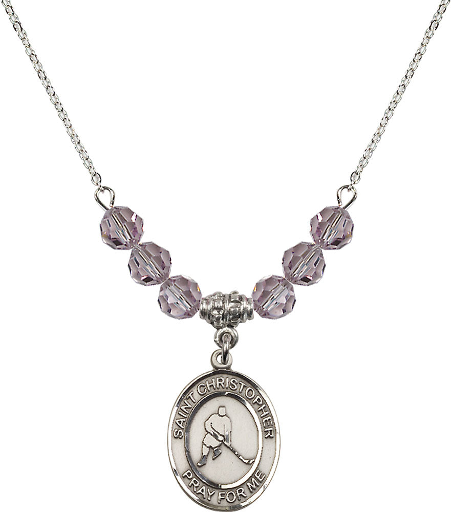 Sterling Silver Saint Christopher/Ice Hockey Birthstone Necklace with Light Amethyst Beads - 8155