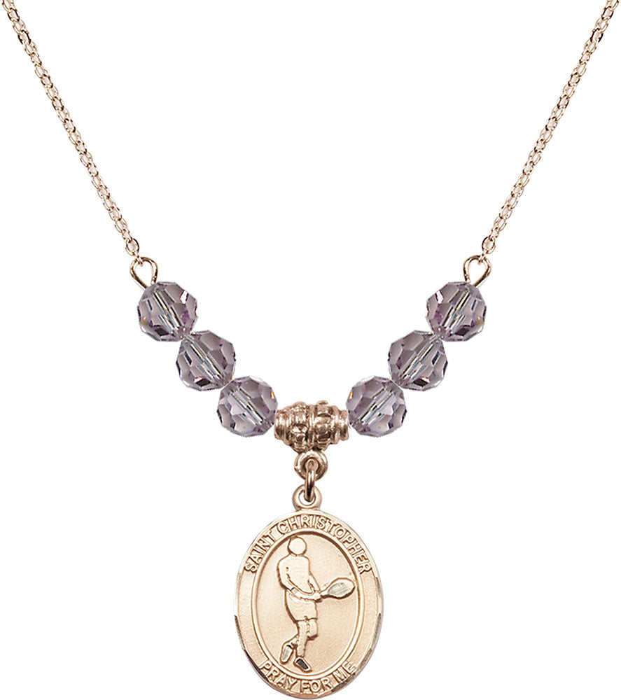 14kt Gold Filled Saint Christopher/Tennis Birthstone Necklace with Light Amethyst Beads - 8156