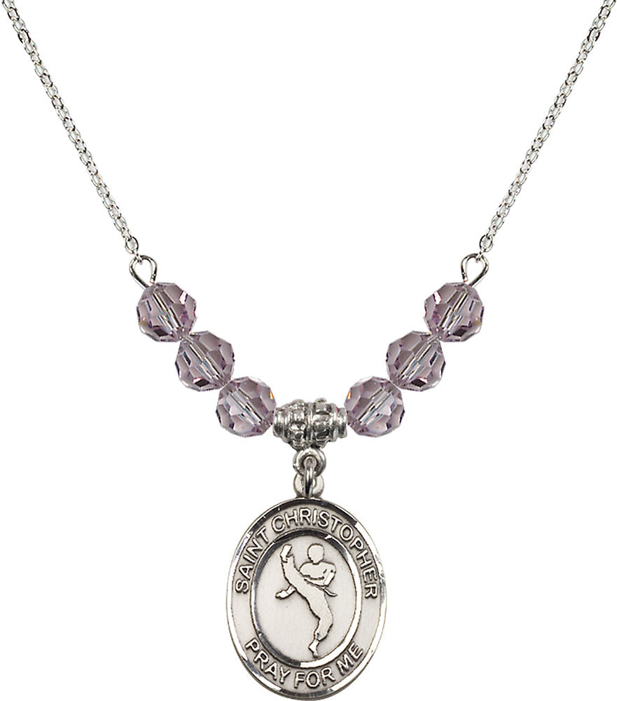 Sterling Silver Saint Christopher/Martial Arts Birthstone Necklace with Light Amethyst Beads - 8158