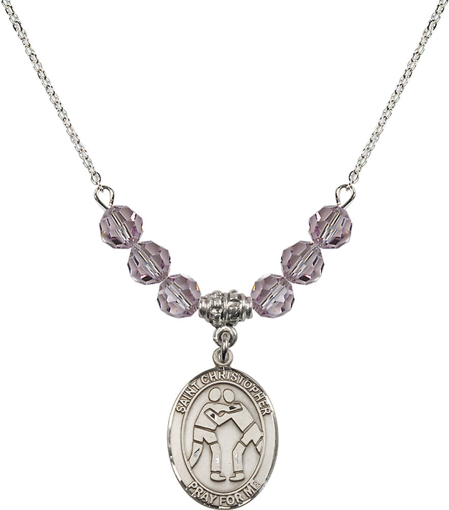 Sterling Silver Saint Christopher/Wrestling Birthstone Necklace with Light Amethyst Beads - 8159