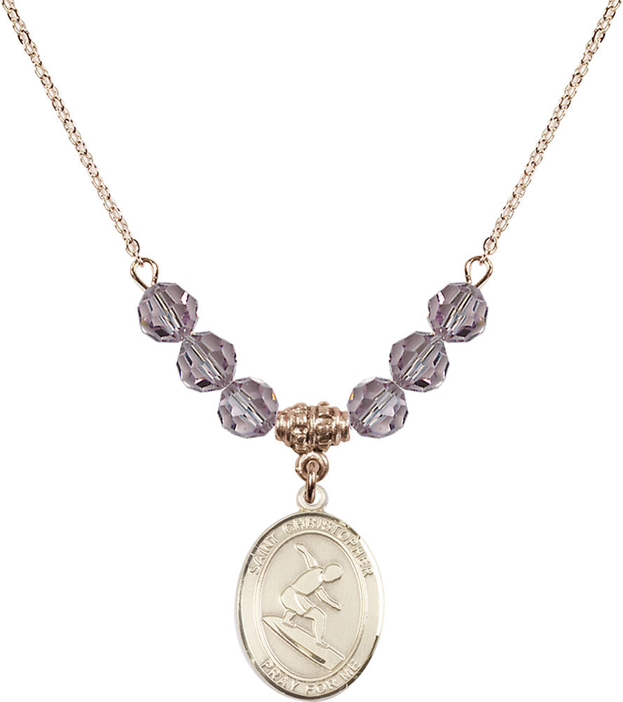 14kt Gold Filled Saint Christopher/Surfing Birthstone Necklace with Light Amethyst Beads - 8184