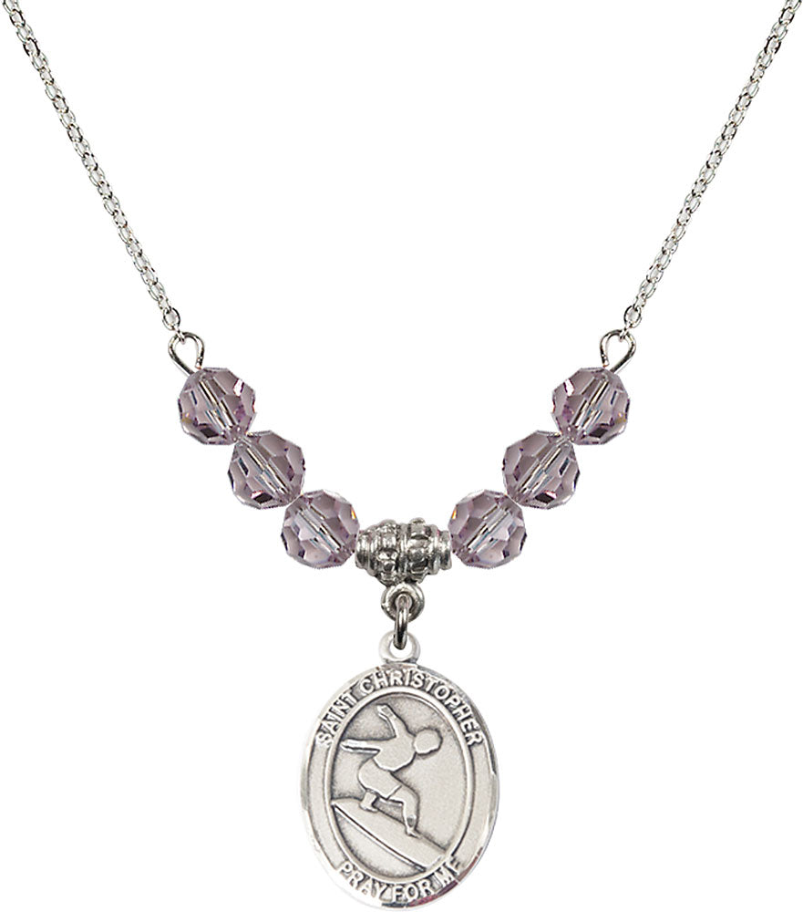 Sterling Silver Saint Christopher/Surfing Birthstone Necklace with Light Amethyst Beads - 8184