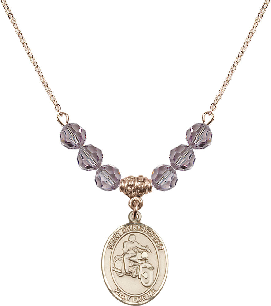 14kt Gold Filled Saint Christopher/Motorcycle Birthstone Necklace with Light Amethyst Beads - 8185