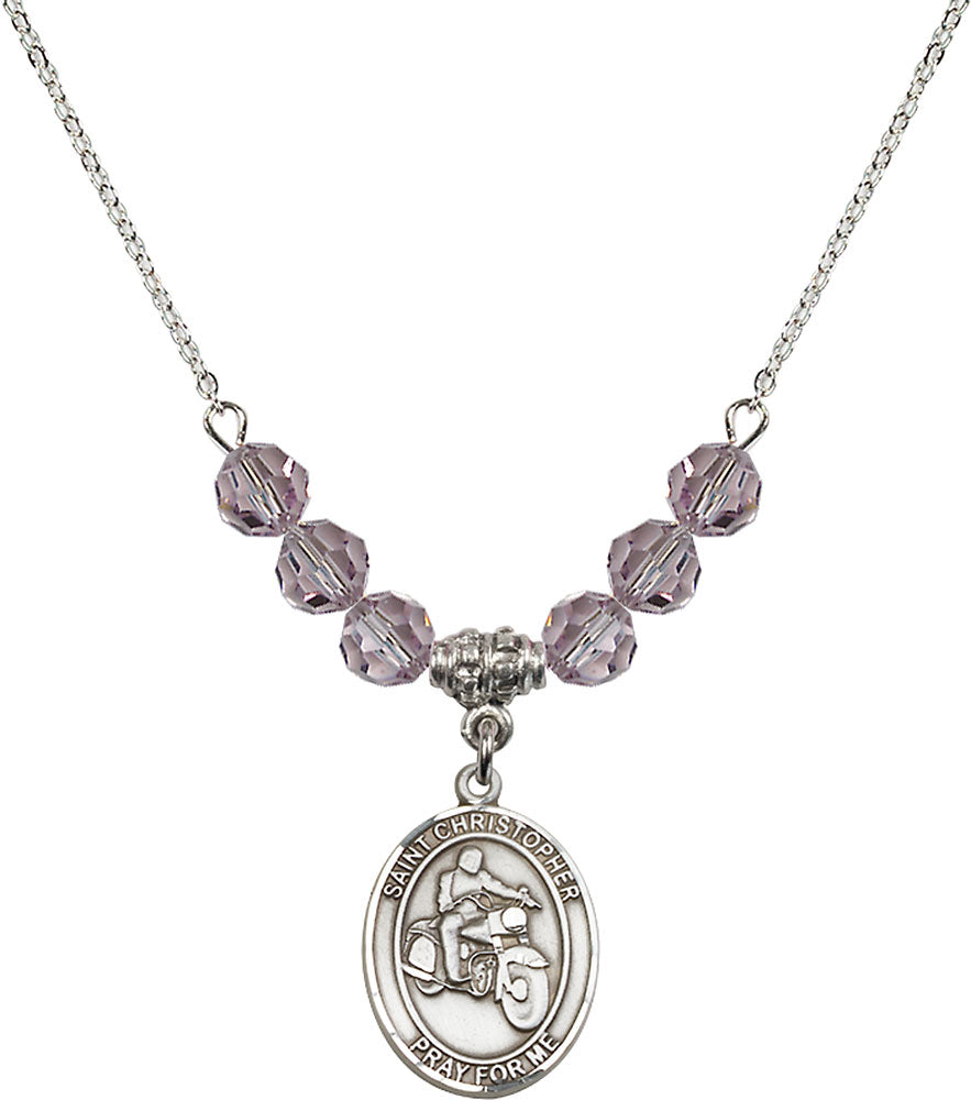 Sterling Silver Saint Christopher/Motorcycle Birthstone Necklace with Light Amethyst Beads - 8185