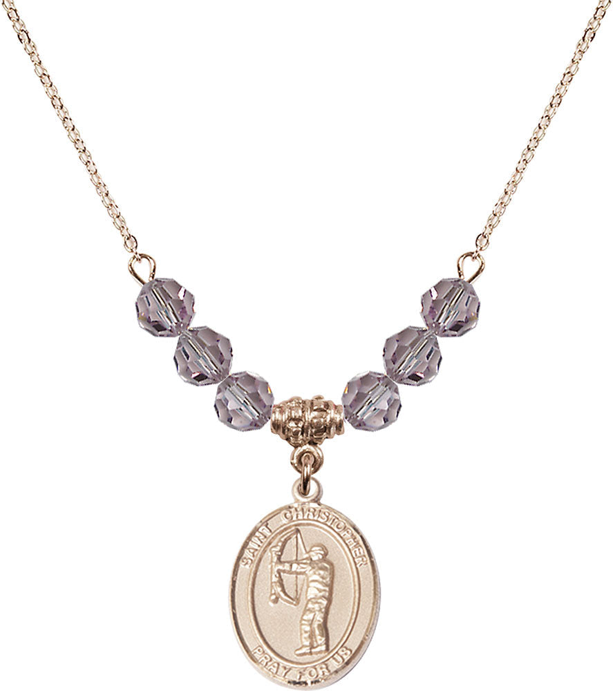 14kt Gold Filled Saint Christopher/Archery Birthstone Necklace with Light Amethyst Beads - 8190