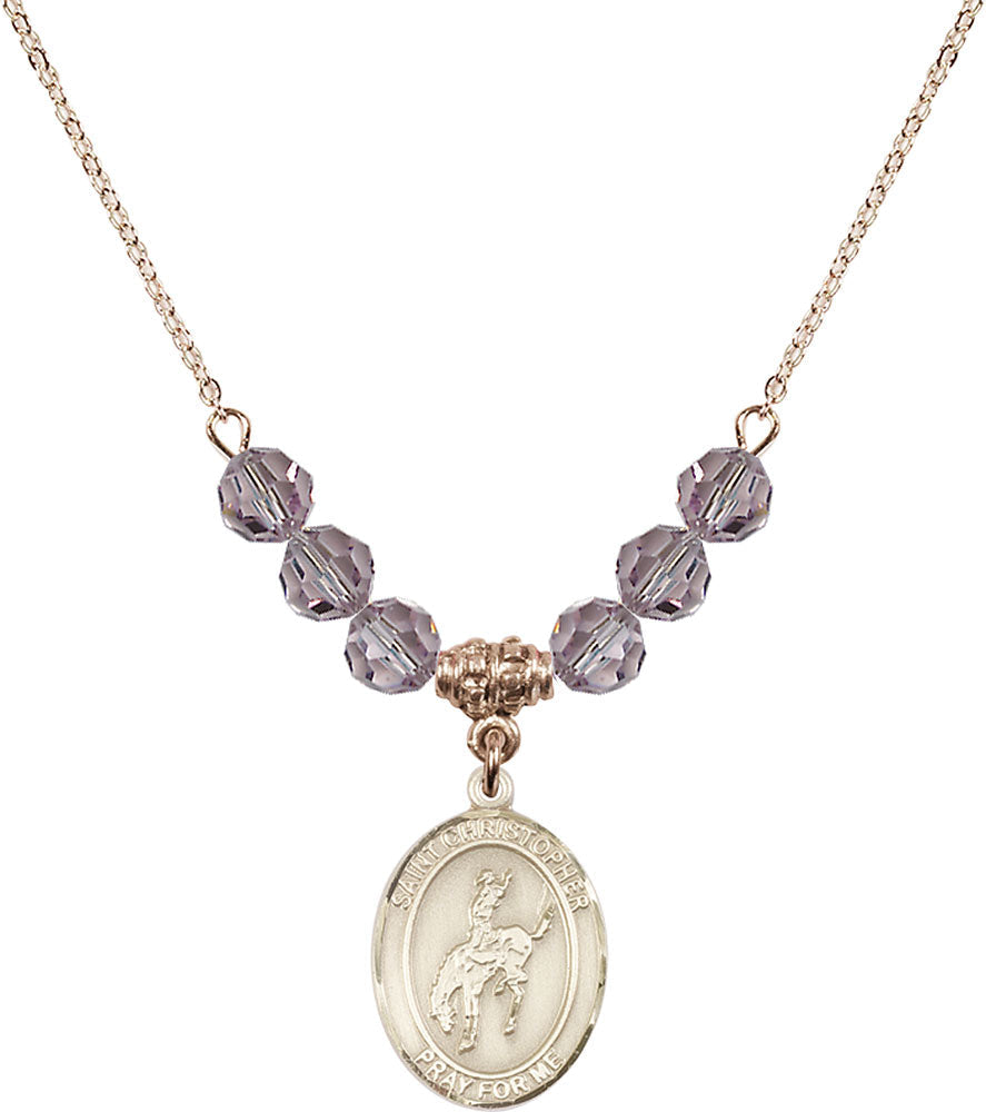 14kt Gold Filled Saint Christopher / Rodeo Birthstone Necklace with Light Amethyst Beads - 8192