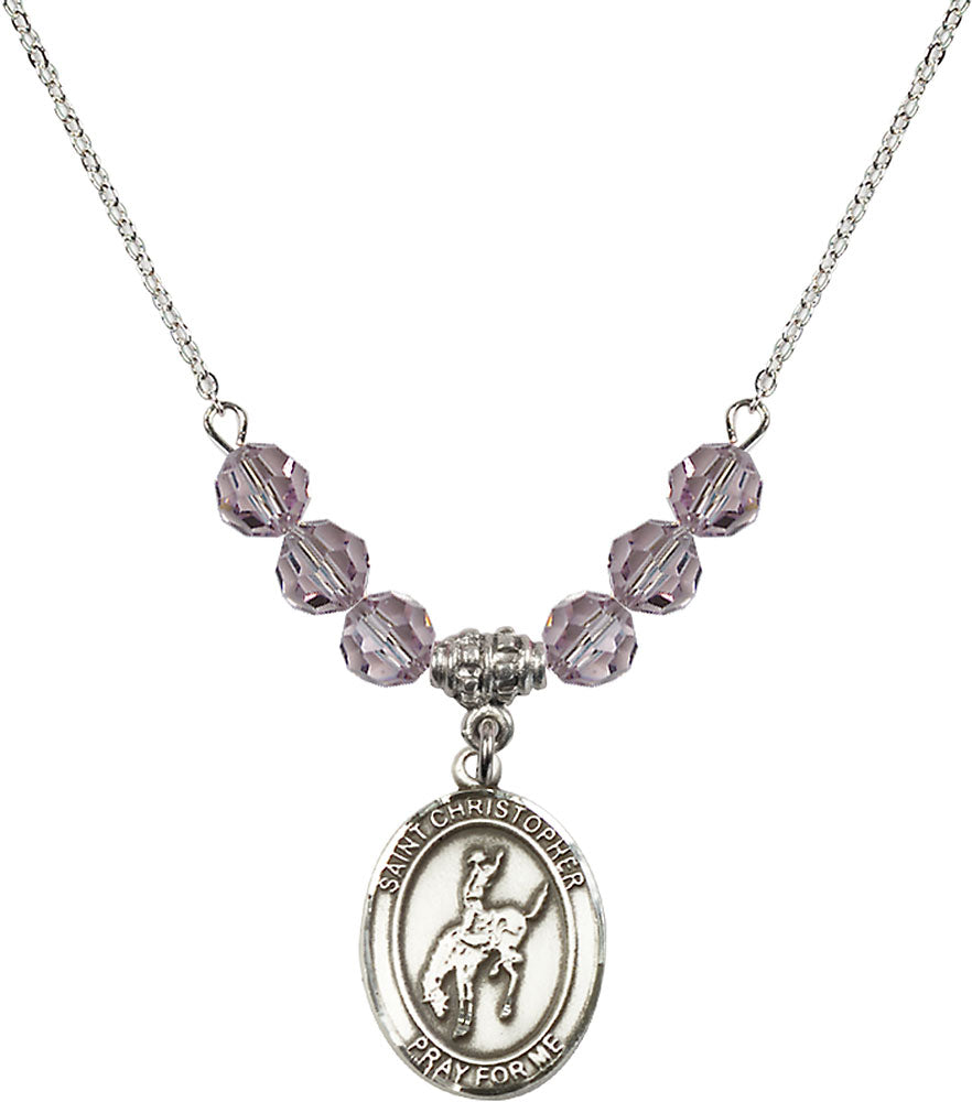 Sterling Silver Saint Christopher / Rodeo Birthstone Necklace with Light Amethyst Beads - 8192